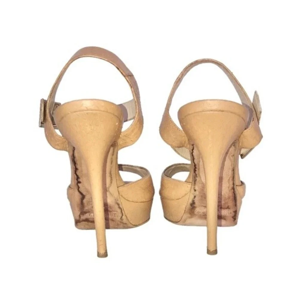 Jimmy Choo Peep Toe Platform Ankle Strap Stiletto Nude Python Leather Heels
